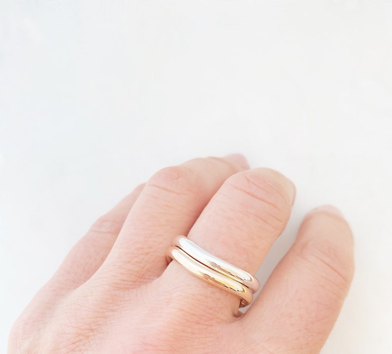 Solid Yellow Gold and Sterling Silver Curved Two Ring Stack With Polished Finish, Made in Australia by Ant Haus Designs image 7