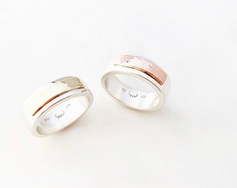Hammered Rose Gold & Sterling Silver Band Ring - Chunky Statement Ring