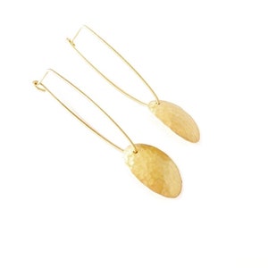 Yellow Gold Long Drop Earrings With Brushed And Hammered Curved Oval image 5