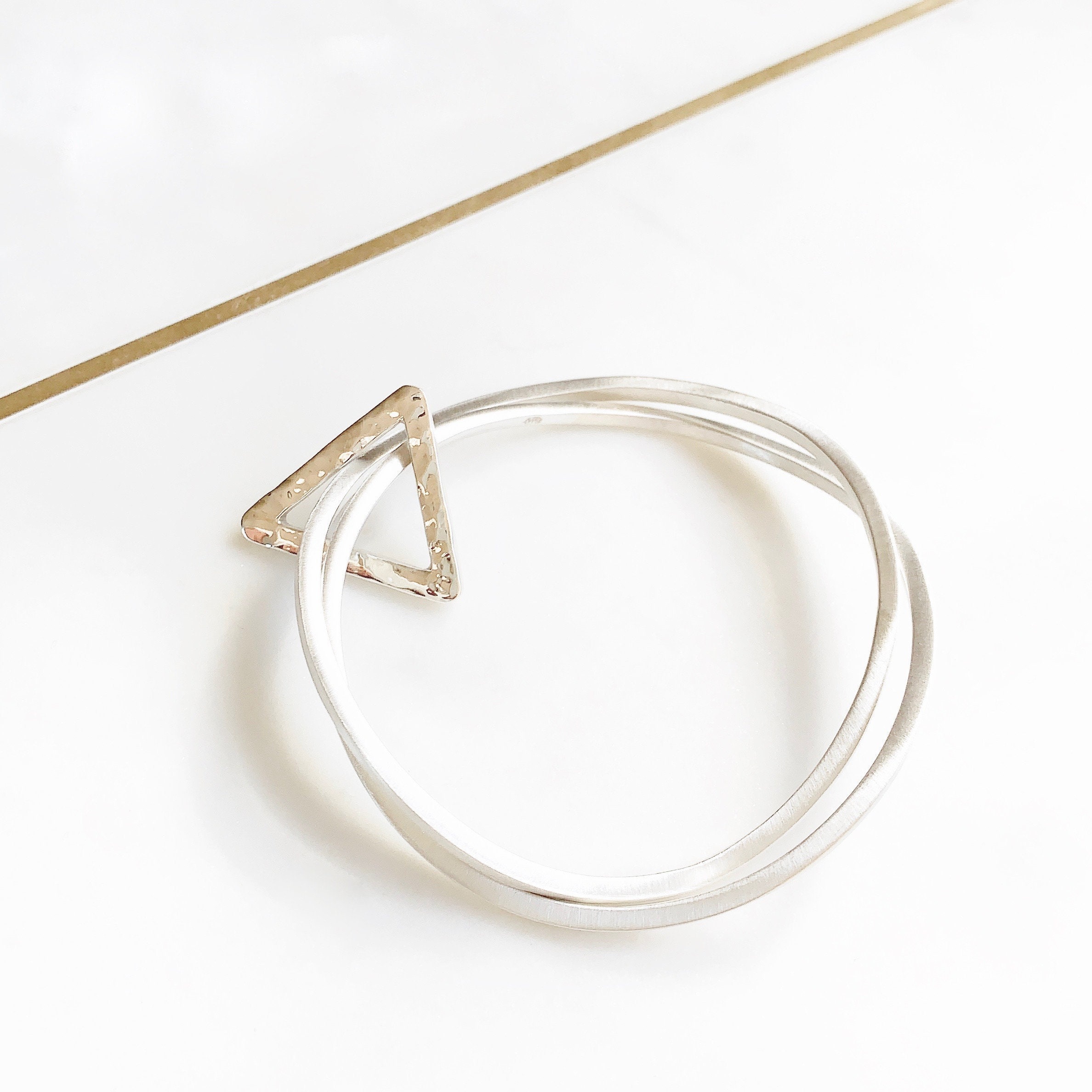 Sterling Silver Bangle Set: Modern Triangle Ring, Handmade in