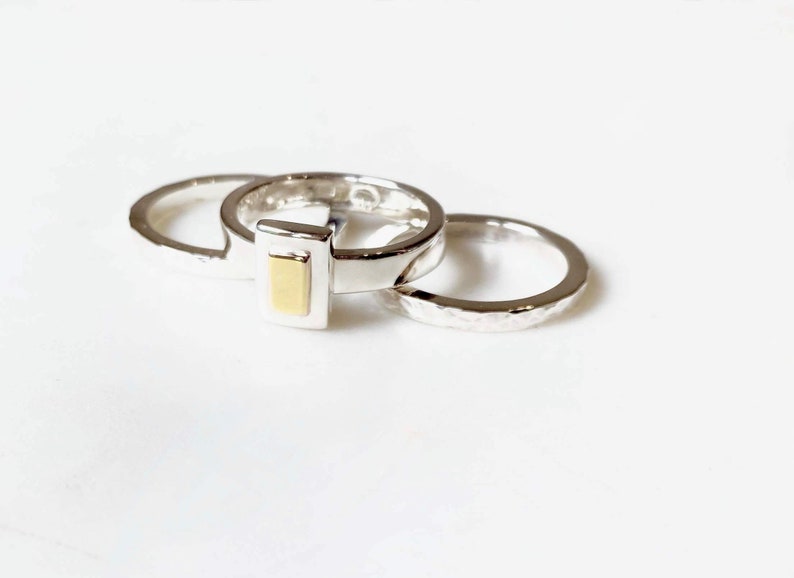 Chunky Yellow Gold and Sterling Silver Rectangle Stacking Set With Hammered Finish image 4