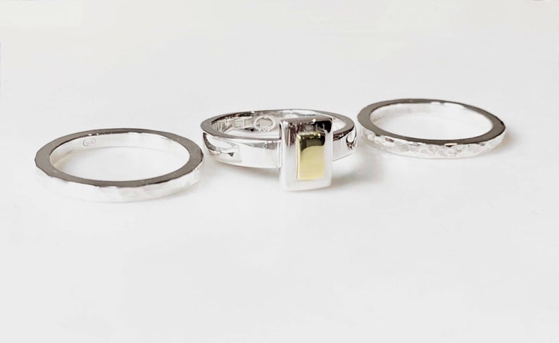 Chunky Yellow Gold and Sterling Silver Rectangle Stacking Set With Hammered Finish image 5