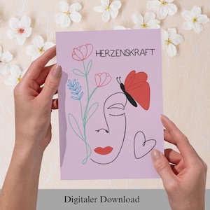 Printbestand | Kaart Hartkracht om af te drukken | A4 vouwkaart digitaal | Handgetekend in Procreate | Printbare kaart Duits | Emotioneel G