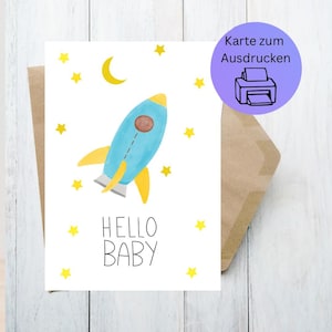 Téléchargement numérique, carte dessinée à la main, PDF pour impression, carte de vœux pour naissance, carte pliante bébé, motif fusée, carte imprimable, téléchargement instantané