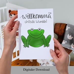 Printbestand | Digitale geboortekaart "Welkom klein wonder" | A4-formaat | Zwitsers-Duits | Kikkerillustratie | Geboortekaart