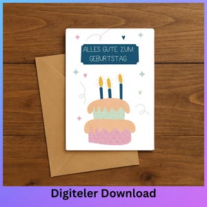 Biglietto di auguri di compleanno digitale PDF A4 pieghevole per la stampa | Biglietto di auguri di compleanno disegnato a mano con torta e scritte a mano | Stampabile