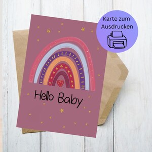 Carte de naissance numérique arc-en-ciel – carte pliante sur A4 à imprimer | Fond rouge et accents dorés | Carte pour la naissance d'une petite fille/garçon
