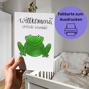 Carte de naissance numérique « Bienvenue, petit miracle » | Format A4 imprimable | Suisse allemand | Illustration de grenouille | Dessinée à la main | Carte de naissance