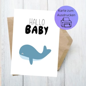 Téléchargement numérique, carte dessinée à la main, PDF pour impression, carte pliante bébé, carte bébé, carte personnalisée, téléchargement instantané, motif baleine