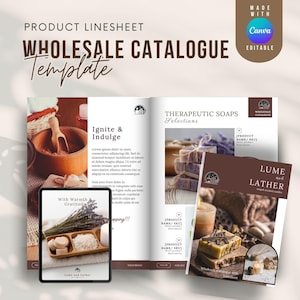 May include: A product linesheet template for a wholesale catalogue showcasing a range of natural soap products. The template includes a title page with the text "Wholesale Catalogue Template", and several pages displaying different soap products with descriptions and product names. The soaps are made with natural ingredients and have a rustic, earthy aesthetic.