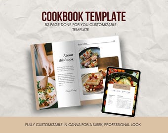 May include: A 52-page cookbook template with a brown and white cover. The cover features a photo of a hand holding a wooden spoon over a bowl of food. The text "About this book" is visible on the page. The template is fully customizable in Canva for a sleek, professional look.