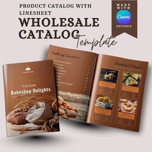 以下が含まれることがあります： 「Bakeshop Delights」というタイトルの茶色のカタログで、焼き菓子の画像が掲載されています。カタログは、目次のあるページと、おいしい料理の写真が掲載されているページが開いています。「WHOLESALE CATALOG」というテキストが上部にあります。