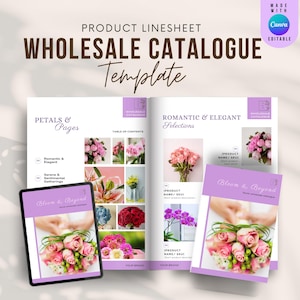 Puede incluir: Una plantilla de catálogo mayorista con el texto "Product Linesheet Wholesale Catalogue Template". La plantilla presenta una tableta y dos folletos con arreglos florales. Las páginas se titulan "Petals & Pages" y "Romantic & Elegant Selections."