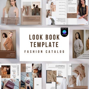 Op de afbeelding: Een lookbook-sjabloon voor een modecatalogus. Het sjabloon heeft een minimalistisch ontwerp met een bruin en wit kleurenschema. De tekst "LOOK BOOK TEMPLATE FASHION CATALOG" wordt in een groot lettertype bovenaan de pagina weergegeven. Het sjabloon bevat afbeeldingen van modellen die verschillende outfits dragen, evenals tekstvakken voor productbeschrijvingen en prijzen.