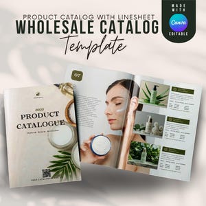 Peut inclure: Un modèle de catalogue de produits avec le texte "WHOLESALE CATALOG Template" et "PRODUCT CATALOGUE". Le catalogue présente des images de produits de soins de la peau et une femme appliquant de la crème. Le design comprend un badge "Made with Canva".