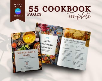 May include: A cookbook template with 55 pages, featuring a cover with the text "55 COOKBOOK PAGES Template". The template includes sample recipes, such as "Chicken Tortilla Soup" and "Latin American Warmers". The design is editable with Canva.