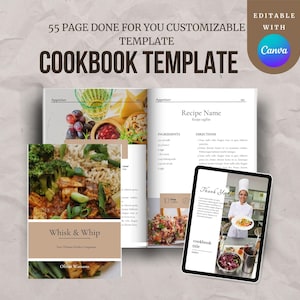 以下が含まれることがあります： 「55 PAGE DONE FOR YOU CUSTOMIZABLE TEMPLATE COOKBOOK TEMPLATE」というテキストのクックブックテンプレート。画像には、クックブックのスプレッド、タブレット、および「Whisk & Whip」というテキストの表紙が表示されています。