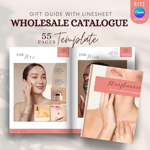 Peut inclure: Une brochure rose et blanche avec le texte "Gift Guide with Linesheet Wholesale Catalogue 55 Pages Template" et le texte "For Her" et "For Him". La brochure est ouverte pour montrer deux pages différentes. La page de gauche présente une femme appliquant une crème sur son visage. La page de droite présente une main avec un vernis à ongles rose appliquant une crème sur le cou. Le texte "Stinfluence Skincare Wholesale Catalogue" est sur la page de droite.