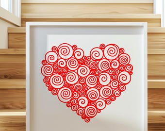 Hand Drawn Swirly Heart Print – Abstract Love Art, Romantic Wall Decor, Red Spiral Heart Illustration, Custom Colours & Sizes
