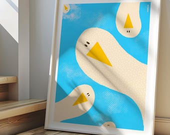 Cute Coastal Bird Print, Funny Seagull Wall Art, Minimalist Goose Illustration, Playful Nursery Decor, Scandinavian Style Art