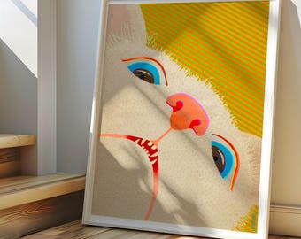 Why is My Bowl Empty Again Human?!’ - Humorous Cat Wall Print – Vibrant Modern Cat Illustration – Gift for Cat Lovers. Hand drawn!