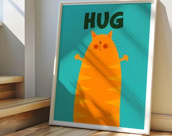 Cute Cat Hug Print – ‘HUG’ Wall Art – Ginger, Grey, Black or White Cat Poster – Kids Poster  – Cat Lover Gift. Various Colours