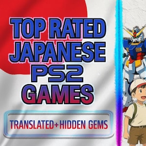 Può includere: Un collage di immagini relative ai giochi PS2 giapponesi. La parte superiore dell'immagine presenta il testo "TOP RATED JAPANESE PS2 GAMES" in uno schema di colori rosso, bianco e blu. Il testo "TRANSLATED + HIDDEN GEMS" si trova nella parte inferiore dell'immagine. L'immagine include anche una console PS2 nera, un disco rigido, un robot blu e rosso e diversi personaggi di anime.