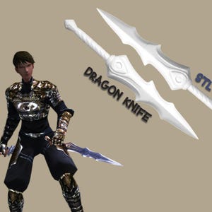 Puede incluir: Representación digital de un personaje de fantasía sosteniendo un cuchillo dragón. La imagen presenta dos cuchillos dragón blancos con el texto "DRAGON KNIFE" y "STL FILE". El personaje lleva una armadura negra y dorada.