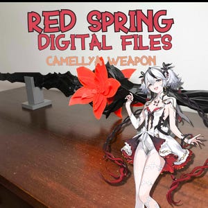 Può includere: Un'arma stampata in 3D di colore nero e rosso con un design a forma di fiore rosso. L'arma è su un tavolo di legno con uno sfondo bianco. Il testo "RED SPRING DIGITAL FILES CAMELLYA WEAPON" è nella parte superiore dell'immagine.