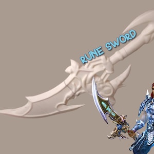 Könnte beinhalten: Ein großes, cremefarbenes Runenschwert mit stilisiertem Design und dem Text "Rune Sword" in Blau. Ein kleineres, verziertes Schwert mit blau-goldenem Griff wird von einer Figur in Rüstung gehalten.