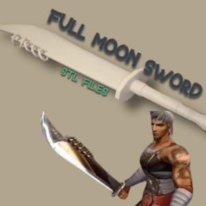 Könnte beinhalten: Ein 3D-gerendertes Bild mit einem weißen Schwert mit gebogener Klinge und Griff, beschriftet mit "FULL MOON SWORD" und "STL FILES". Darunter hält ein Charaktermodell ein ähnliches Schwert. Der Hintergrund ist einfarbig beige.