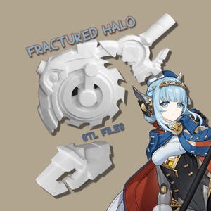 May include: White 3D-printed "Fractured Halo" model, with a gear-like design and text "STL FILES". The image also features a character illustration with blue hair, a blue and red outfit, and a staff.