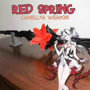 May include: A black and red Camellya weapon with a red flower accent, supported by a gray stand. The text "RED SPRING" and "CAMELLYA WEAPON" is visible. A character illustration is in the foreground.