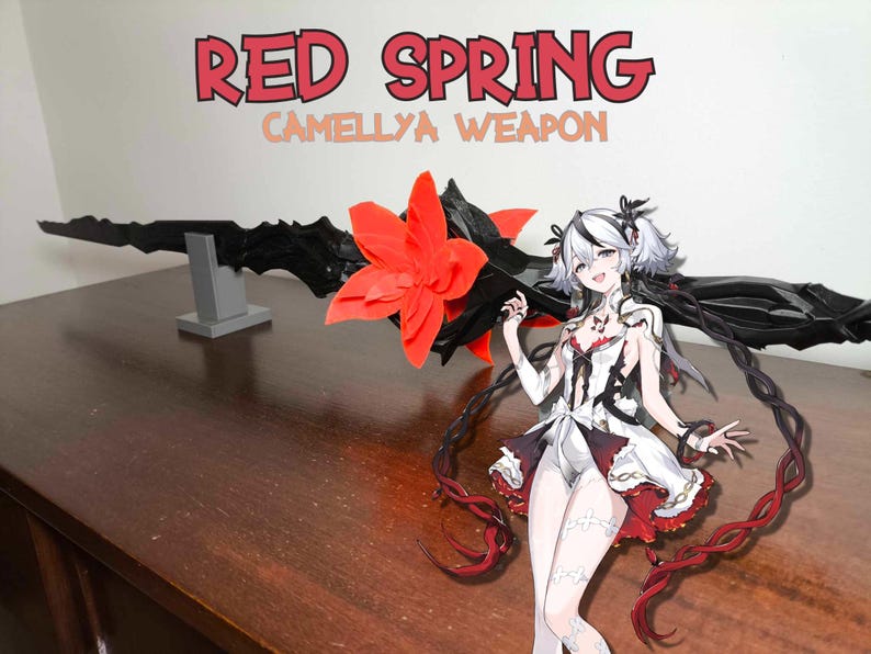 May include: A black and red Camellya weapon with a red flower accent, supported by a gray stand. The text "RED SPRING" and "CAMELLYA WEAPON" is visible. A character illustration is in the foreground.