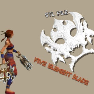 Könnte beinhalten: 3D-gerendertes Bild einer weißen, verzierten Klinge mit der Aufschrift "FIVE ELEMENT BLADE" und "STL FILE". Ein Charaktermodell hält eine ähnliche Waffe. Die Klinge hat ein komplexes, stilisiertes Design mit mehreren Spitzen und Kurven.