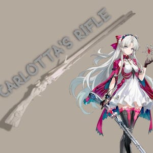 Può includere: Un fucile bianco e argento con il testo "CARLOTTA'S RIFLE" in lettere grigie. Un personaggio anime con i capelli bianchi e un vestito rosso e blu tiene una spada d'argento.