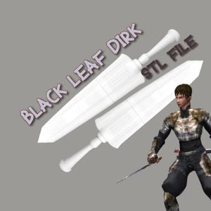 Puede incluir: Dos dagas blancas con un diseño estilizado, etiquetadas como "Black Leaf Dirk STL File", se muestran sobre un fondo gris. Una figura con armadura sostiene dos espadas.