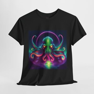 Neon Cthulhu Unisex Tee, Black Tshirt with Lovecraftian Design, Shirt for Horror Fans, Cosmic Horror T-Shirt, Men&#39;s Women&#39;s Shirt, Mythical