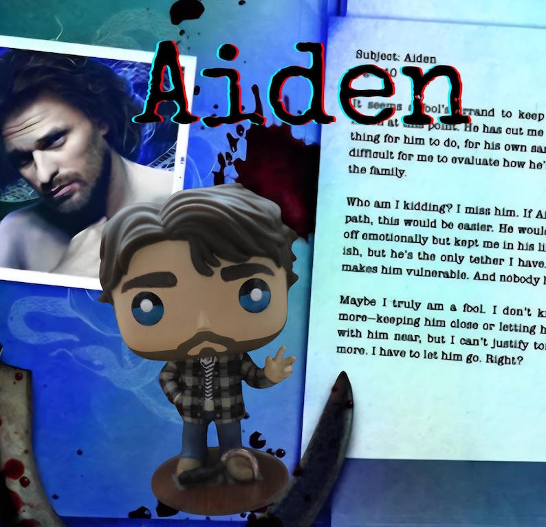 May include: A stylized vinyl figure of a man with brown hair, a beard, and blue eyes, wearing a gray and black plaid shirt and blue pants. The figure is positioned in front of a document titled Subject: Aiden with text and a photograph of a man.
