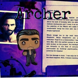 May include: A vinyl figure of a man with dark hair and a beard, wearing a dark suit and holding a small cup, positioned over a background featuring a photograph of a man, the text Archer, and a document with printed text in a purple color scheme.
