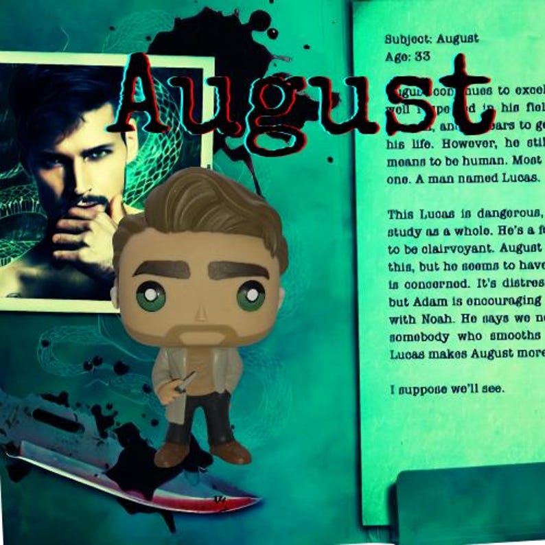 May include: A vinyl collectible figure of a man with brown hair, green eyes, and a light beard, wearing a tan jacket over a brown shirt and dark pants. The figure is positioned against a green background featuring a photograph of a man, a knife, and text that reads Subject: August Age: 33, with the word August written in large black letters.