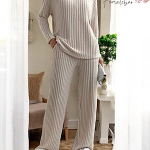 Women's Pajamas, Ribbed Luxury Pajama Set,  Minimalist PJ Set, Ribbed Pajamas, Soft Knit Loungewear, Casual PJ Set, Shirt and Trouser PJ Set