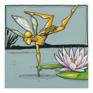 May include: Illustration of a golden fairy balancing on one leg above water, with a pink and white water lily in the foreground. The fairy has articulated limbs and delicate wings. The background is a serene, light blue.