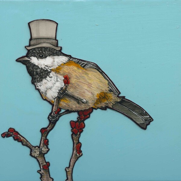 Dapper Chickadee in a Top Hat- Small Print 4.5x4.5