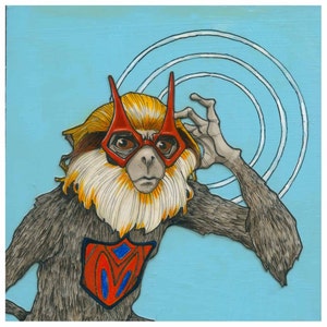 May include: Illustration of a primate wearing red-framed glasses and a matching chest emblem, set against a light blue background with white concentric circles. The primate has yellow and white fur, with a hand raised near its head.