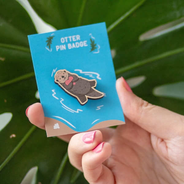 Sea Otter With Heart - Eco Friendly Wooden Pin Badge - Quirky Animal Lover Gift