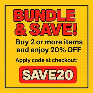May include: A yellow and black graphic with the words "BUNDLE & SAVE!" in red. The text "Buy 2 or more items and enjoy 20% OFF" is below. The text "Apply code at checkout: SAVE20" is at the bottom.