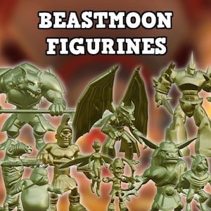 May include: A collection of green-toned Beastmoon figurines. The figurines depict various fantasy creatures, including a winged dragon, a minotaur, and a wolf-like warrior. The text "BEASTMOON FIGURINES" is displayed at the top of the image.