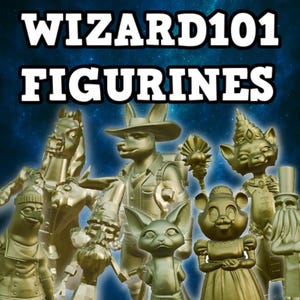 Könnte beinhalten: Eine Sammlung goldfarbener Figuren aus Wizard101, darunter Tiercharaktere wie ein Pferd, ein Hund, ein Fuchs und eine Maus. Die Figuren sind vor einem dunkelblauen Hintergrund mit dem Text "WIZARD101 FIGURINES" oben platziert.