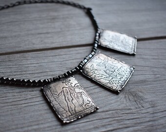 Ancient Sumerian Cylinder Seal Panel Necklace in Silver